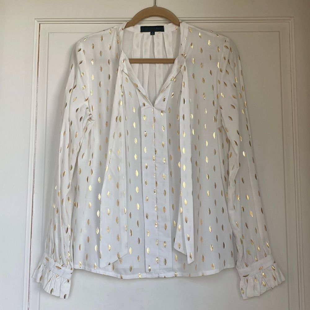 NEW Without Tag Off White Blouse With Gold Foul Detail By Monarc